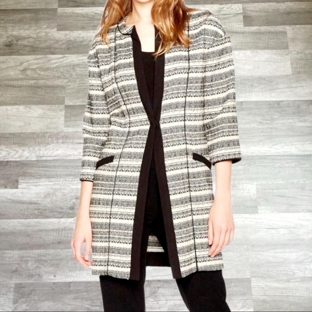 Anne Klein Black,Gray,White Striped Tweed Long Jacket, Black Trim, Size XL